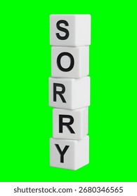 word concept. Sorry Message to Express Regret, Remorse, Apology for Error, Mistake, Guilt and Request Forgiveness. Concept With Word Written in Cut Out Paper. 3D rendering on Green Screen.
