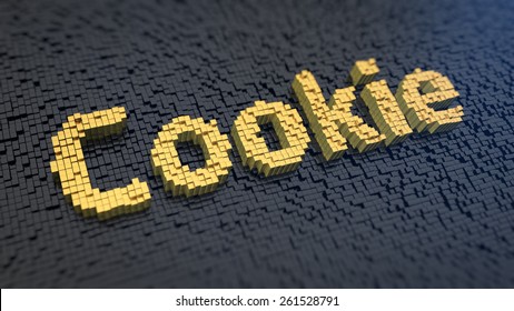 Word 'Cookie' Of The Yellow Square Pixels On A Black Matrix Background. HTTP Cookie - Website Tag Technology Concept.