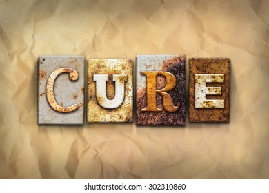 The word "CURE" written in rusty metal letterpress type on a crumbled aged paper background. - Powered by Shutterstock