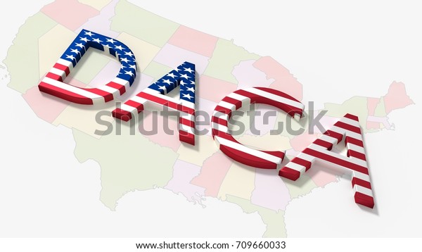 The word daca on an american map immigration\
concept 3D\
illustration
