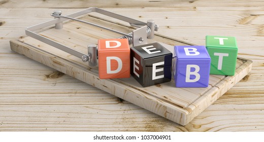 Word Debt Letters On Colorful Cubes And A Mouse Trap, Wooden Floor Background. 3d Illustration