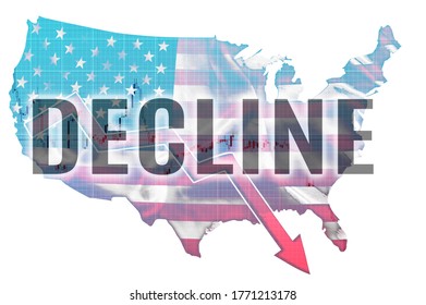 The word decline on the background of double exposure of decline graphs and the American national flag with the contours of the country. Concept of recession in the economy.
