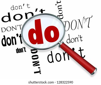 The word Do in big letters under a magnifying glass surrounded by the word Don't, representing commitment and dedication in believing in your abilities to perform a task or succeed in a goal