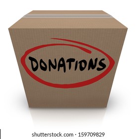 The Word Donations On A Cardboard Box To Illustrate A Food Or Clothing Drive For Needy Or Homeless People Or Underprivileged In Poverty Stricken Countries