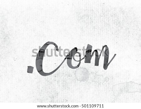 The word "Dot Com" concept and theme painted in watercolor ink on a white paper.