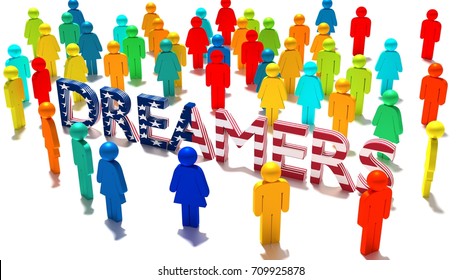 The Word Dreamers With An American Flag Texture Surrounded By A Group Of Differently Colored People DACA Immigration Concept 3D Illustration