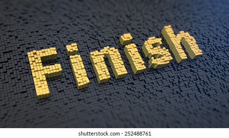 Word 'Finish' of the yellow square pixels on a black matrix background