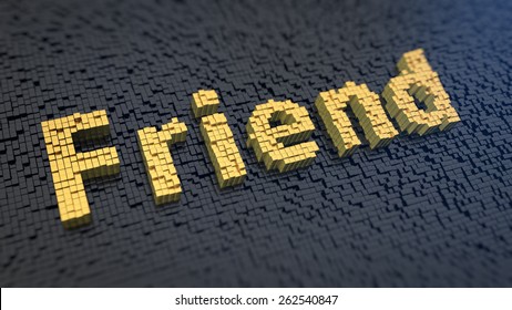 Word 'Friend' of the yellow square pixels on a black matrix background
