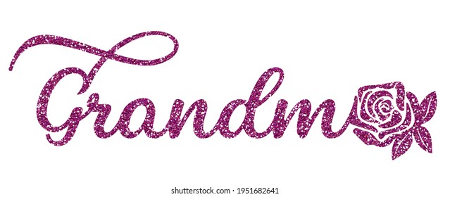 The word "Granny" in a pink glittering color, decorated with a rose. Sublimation lettering for decor