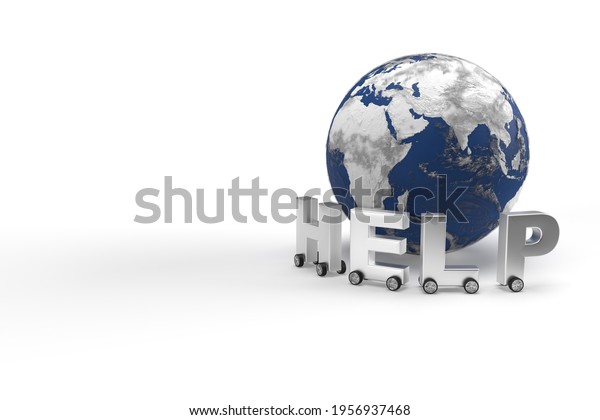 Word help on wheels as a car\
around the world map. Silver letters on globe on an isolated\
background as a banner for your business organization. 3d\
rendering