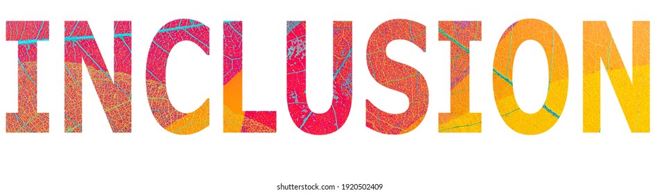 the word Inclusion, from letters composed of multicolored skeleton magnolia leaf, on a white background