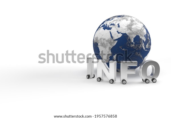 Word info on wheels as a\
car around the world map. Silver letters information on globe on an\
isolated background as a banner for your business computer. 3d\
rendering