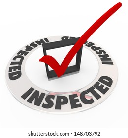 The word Inspected around a check mark and box to illustrate home inspection, or personal evaluation, review or assessment