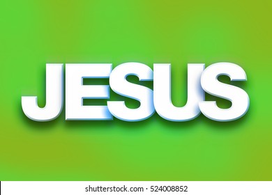 The word "Jesus" written in white 3D letters on a colorful background concept and theme.