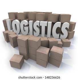 The word Logistics surrounded by cardboard boxes in a warehouse to illustrate shipping effiencies - Powered by Shutterstock