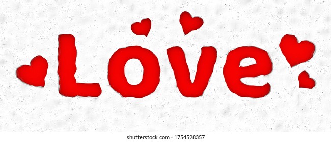 The word love and hearts hollowed out in concrete. 3D illustration, 3D rendering.
