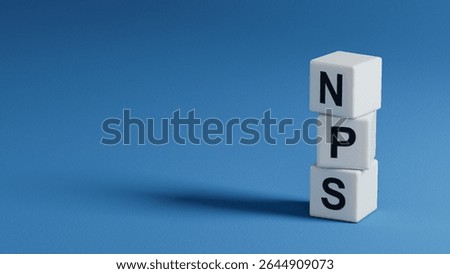 word nps with wooden elements.close up of wooden elements,Business Concept.3D rendering on blue background.