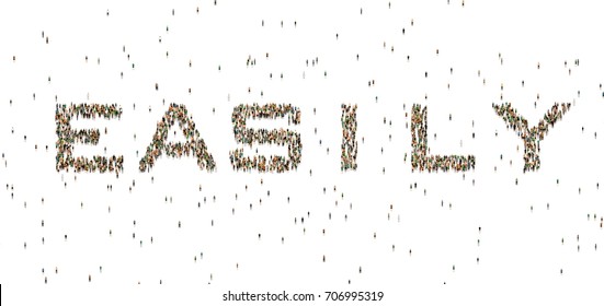 Word on white background. Large crowd of people. Cartoon humans on white background.