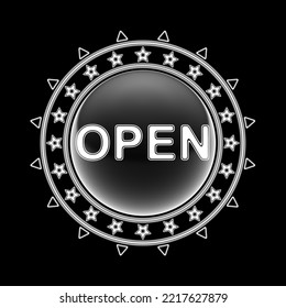 Word Open inside of the round frame on black background. Illustration.