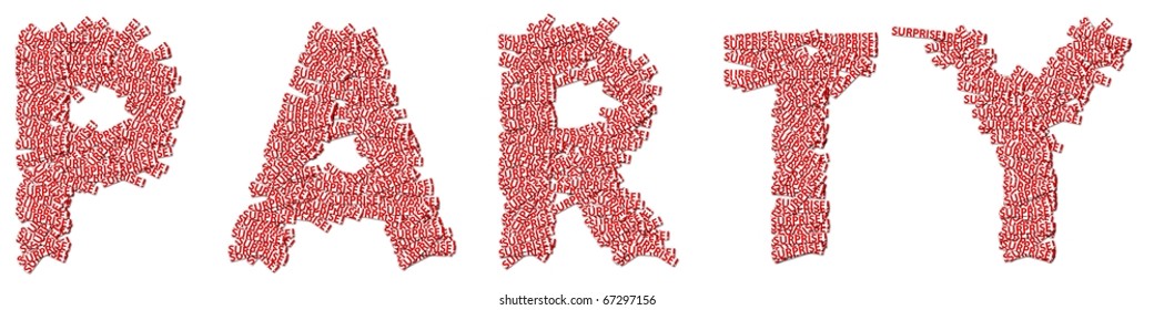 the word party created as a collage using the word surprise in red
