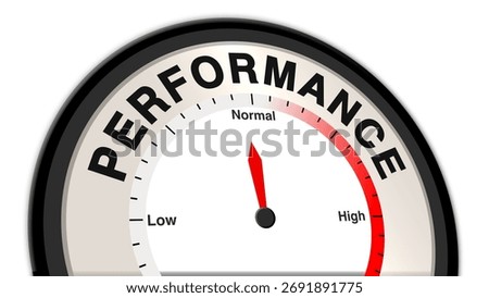 The word Performance with a barometer or tachometer showing a normal level, representing average output, balanced efficiency, and moderate energy concept in measurement and control
