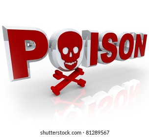 The word Poison in 3D red letters with a skull and crossbones in place of the first letter O, symbolizing death and murder