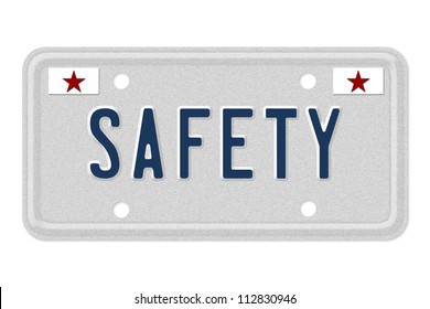 The Word Safety On A Gray License Plate With Stars Symbol Isolated On White, Safety Features In New Cars