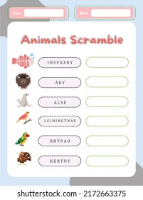 Word Scramble Activity Page. English Language Game Animals Name For Kids.  Holiday Family Quiz. Simple Educational Printable Worksheet.