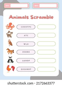 Word Scramble Activity Page. English Language Game Animals Name For Kids.  Holiday Family Quiz. Simple Educational Printable Worksheet.