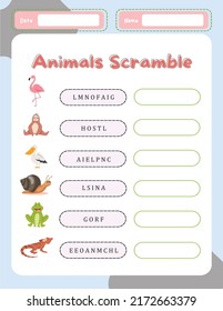 Word Scramble Activity Page. English Language Game Animals Name For Kids.  Holiday Family Quiz. Simple Educational Printable Worksheet.