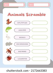 Word Scramble Activity Page. English Language Game Animals Name For Kids.  Holiday Family Quiz. Simple Educational Printable Worksheet.