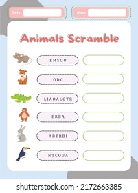 Word Scramble Activity Page. English Language Game Animals Name For Kids.  Holiday Family Quiz. Simple Educational Printable Worksheet.