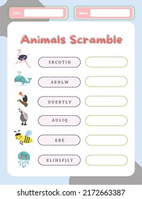 Word Scramble Activity Page. English Language Game Animals Name For Kids.  Holiday Family Quiz. Simple Educational Printable Worksheet.