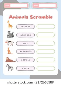 Word Scramble Activity Page. English Language Game Animals Name For Kids.  Holiday Family Quiz. Simple Educational Printable Worksheet.