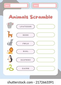 Word Scramble Activity Page. English Language Game Animals Name For Kids.  Holiday Family Quiz. Simple Educational Printable Worksheet.