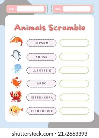 Word Scramble Activity Page. English Language Game Animals Name For Kids.  Holiday Family Quiz. Simple Educational Printable Worksheet.