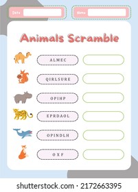 Word Scramble Activity Page. English Language Game Animals Name For Kids.  Holiday Family Quiz. Simple Educational Printable Worksheet.