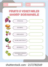 Word Scramble Activity Page. English Language Game Fruits And Vegetable For Kids.  Holiday Family Quiz. Simple Educational Printable Worksheet.