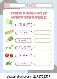 Word Scramble Activity Page. English Language Game Fruits And Vegetable For Kids.  Holiday Family Quiz. Simple Educational Printable Worksheet.