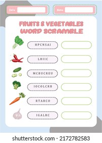 Word Scramble Activity Page. English Language Game Fruits And Vegetable For Kids.  Holiday Family Quiz. Simple Educational Printable Worksheet.