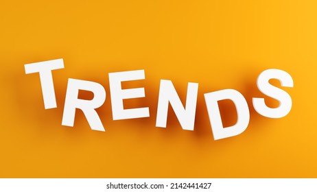 The word trends on yellow background. Trend, popular topic or issue concept. 3D render.