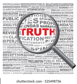 The Word TRUTH Hidden In A Field Of Anti-honest Text Against A White Background. Revealed With A Magnifying Glass