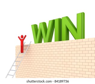 Word WIN on a big wall and 3d small person on a stairs. Isolated on white background.