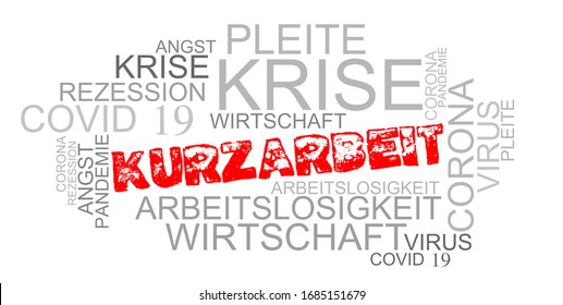 Wordcloud around the German word "Kurarbeit", translated: short-time work, short-time work allowance, money, support, fear, corona, covid-19, crisis, pandemic, virus, recession, economy, layoffs, bank