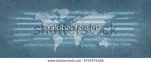 Words associated with the Global Reset - rustic mono\
blue flat map of planet earth surrounded by a GLOBAL RESET zooming\
word cloud \
