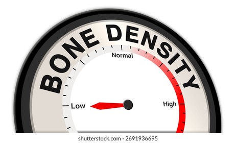 The words Bone Density with a barometer or tachometer at low level, representing low bone density, minimal skeletal strength, and limited musculoskeletal health concept in monitoring