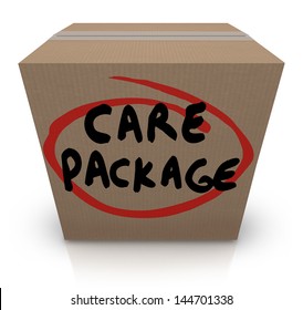 The Words Care Package On A Cardboard Box To Illustrate Support, Aid, Assistance And Emergency Supplies For A Victim Of A Crisis