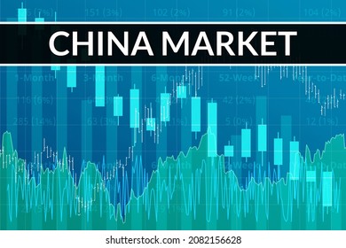 Words China Market On Blue And Green Finance Background From Graphs, Charts. Trend Up And Down. 3D Render. Financial Market Concept