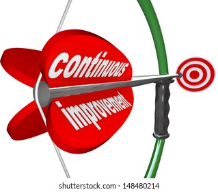 The Words Continuous Improvement On An Arrow Airmed By A Bow At A Target To Illustrate Constant Increase In Quality, Skill, Knowledge Or Success