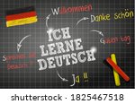 
words and draws of the deutsch theme "Ich lerne deutsch" means I learn Deutsch on chalkboard 